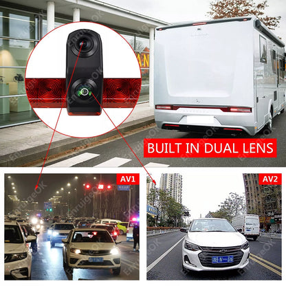 Dual Lens Universal Brake Light Backup Camera Flat Mount for RV, Cargo Van, Bus