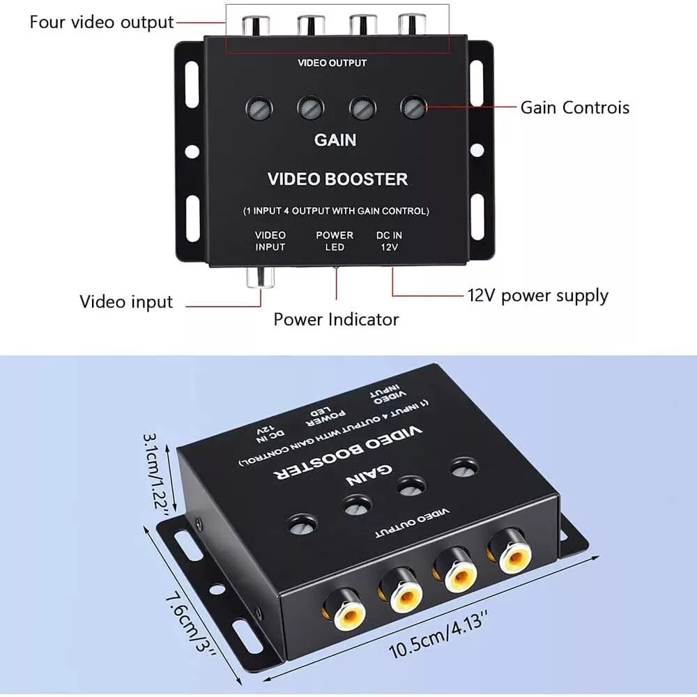 1 Input 4 Output RCA AV Video Splitter Booster Amplifier for Car LCD DVD Player
