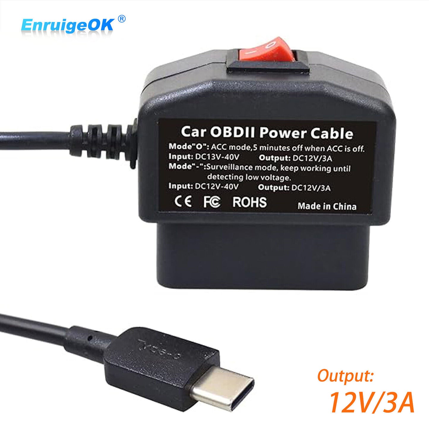 OBD2 to USB Type-C Port Power Charging Cable with Switch Button for Car Dash Cam