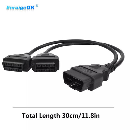 16 Pin OBD2 OBD II Splitter Adapter Cable RA Male to Dual Female Y Cable 30cm