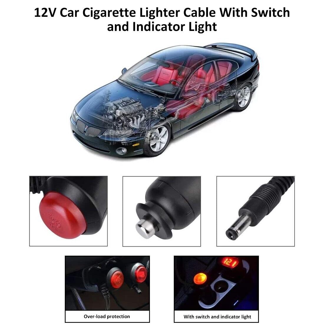 12V-24V 10-FT 3A Car Cigarette Lighter Socket Plug Connector Red On/Off Switch