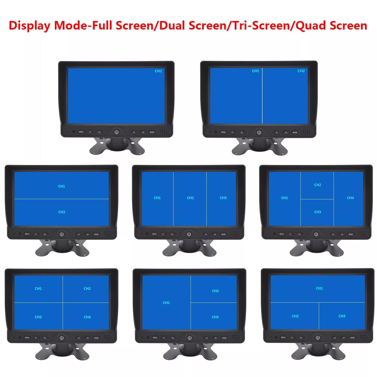 9" Quad Split Screen Monitor 4CH Car Rear View Monitor for Truck Bus RV Camera