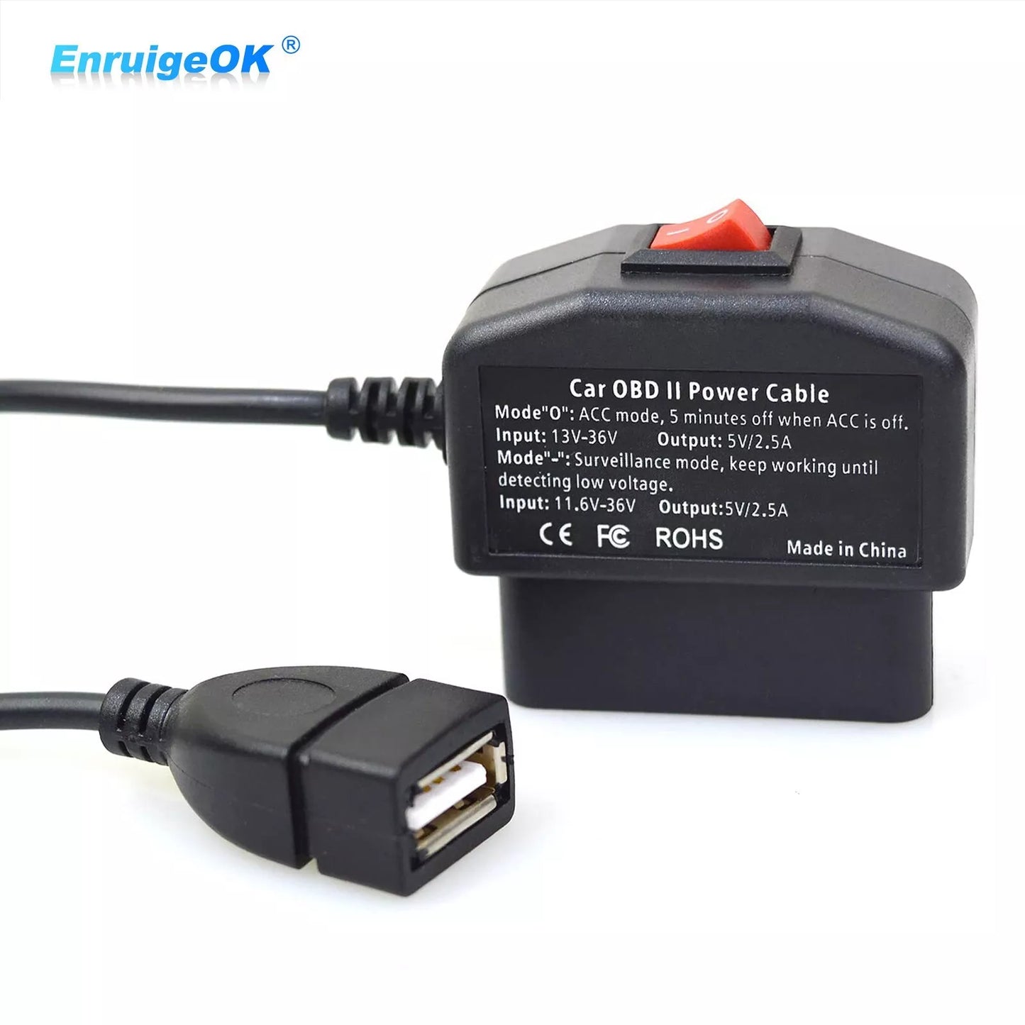 OBD OBD2 to USB Power Charging Cable Adapter with Switch Button for Car Dash Cam