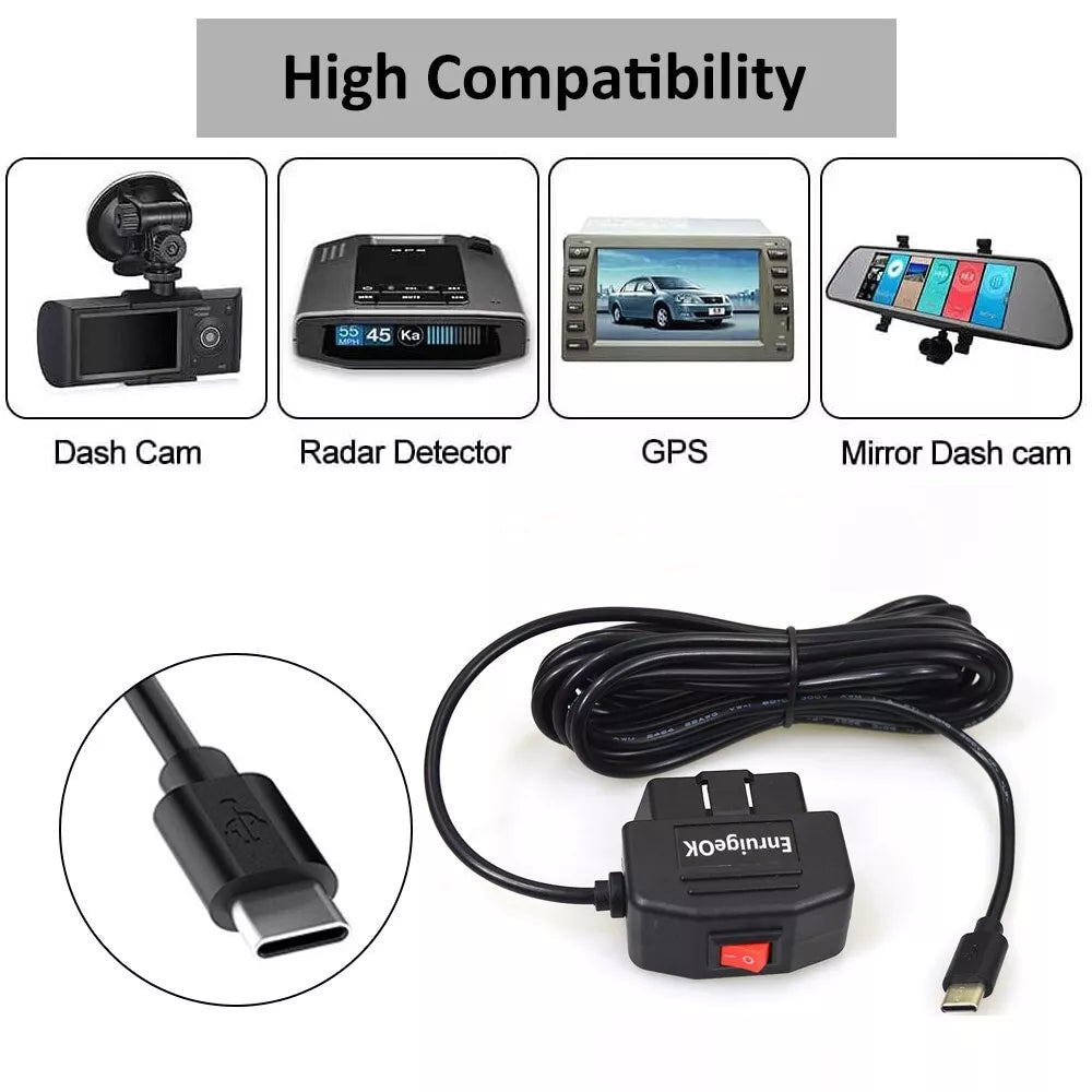 OBD2 to USB Type-C Port Power Charging Cable with Switch Button for Car Dash Cam