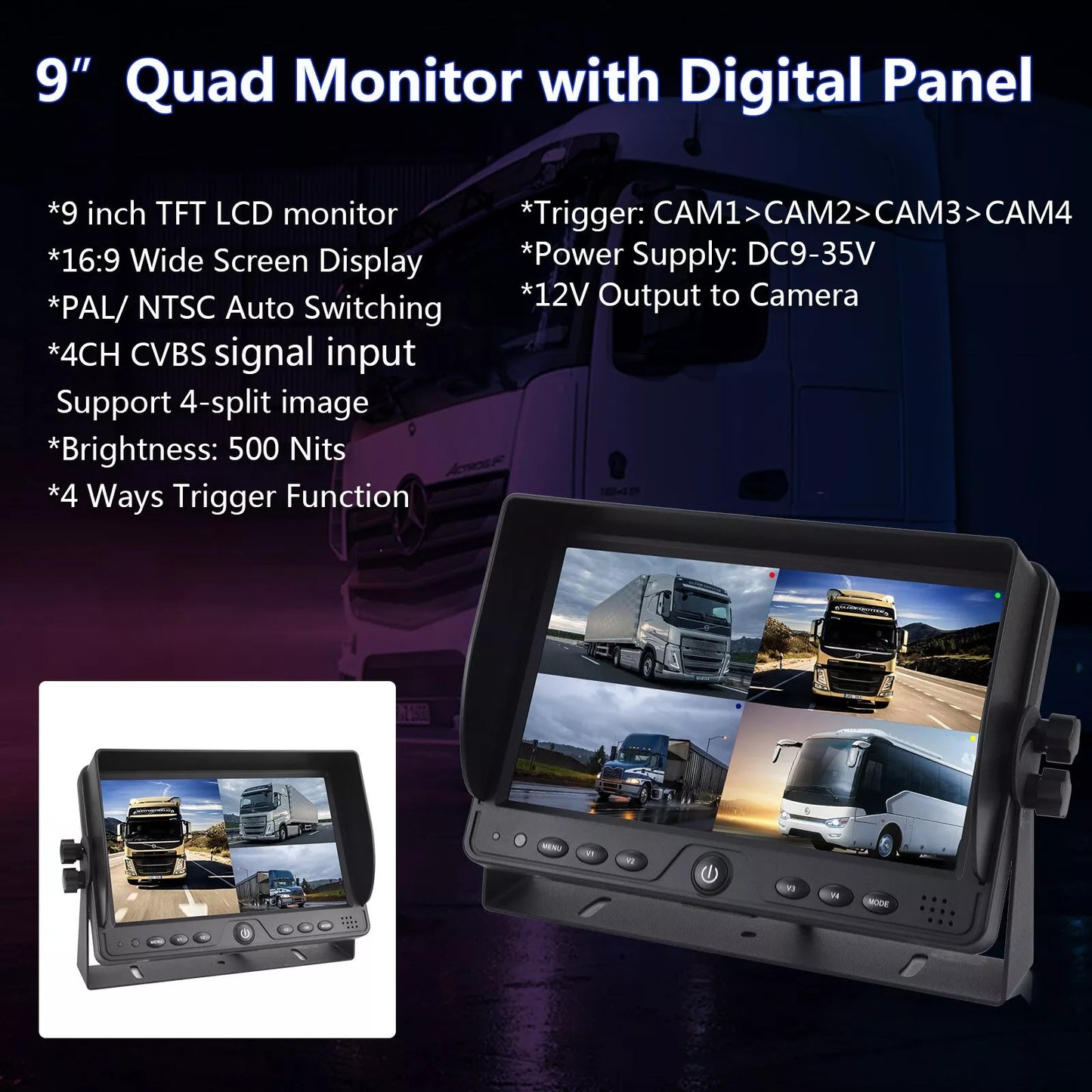 9" Quad Split Screen Monitor 4CH Car Rear View Monitor for Truck Bus RV Camera