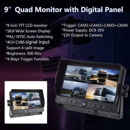 9" Quad Split Screen Monitor 4CH Car Rear View Monitor for Truck Bus RV Camera