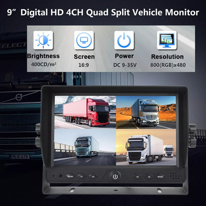 9" Quad Split Screen Monitor 4CH Car Rear View Monitor for Truck Bus RV Camera