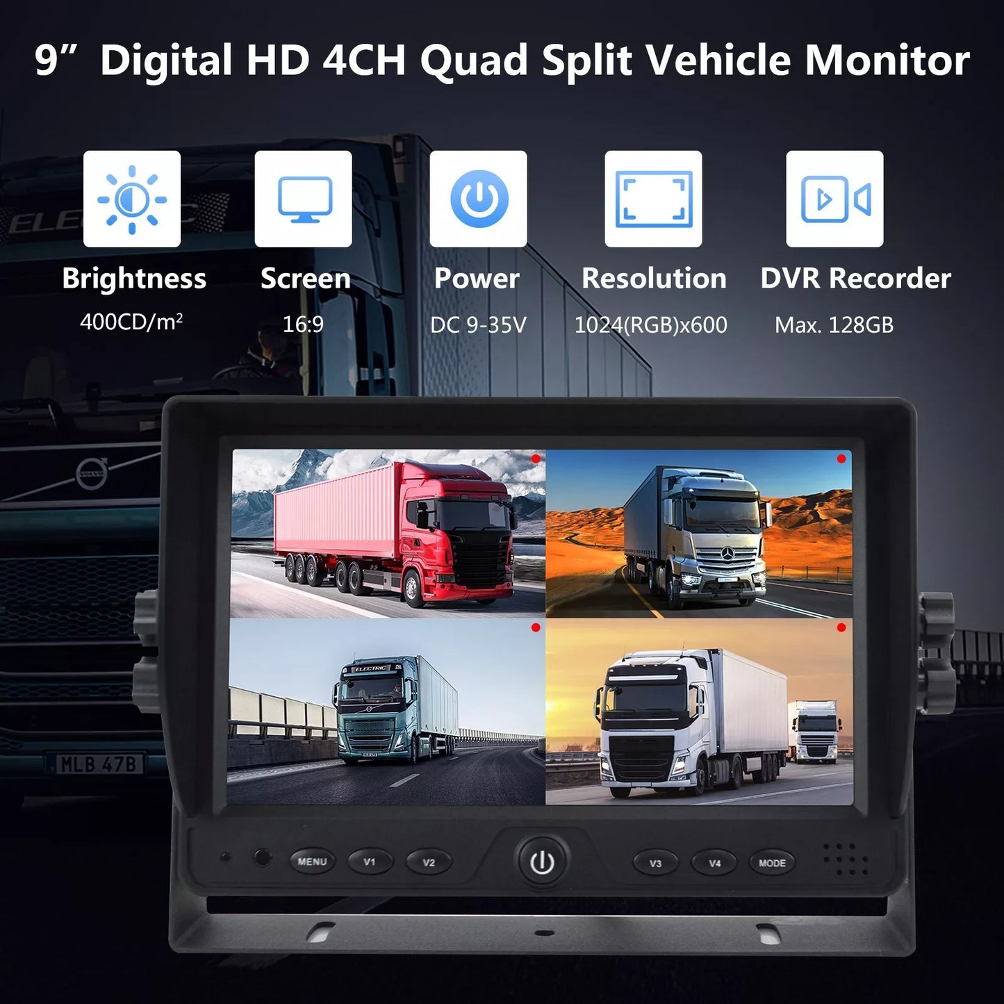 9" Quad Split Screen Monitor Built-in DVR Recorder AHD for Truck Trailer Camera