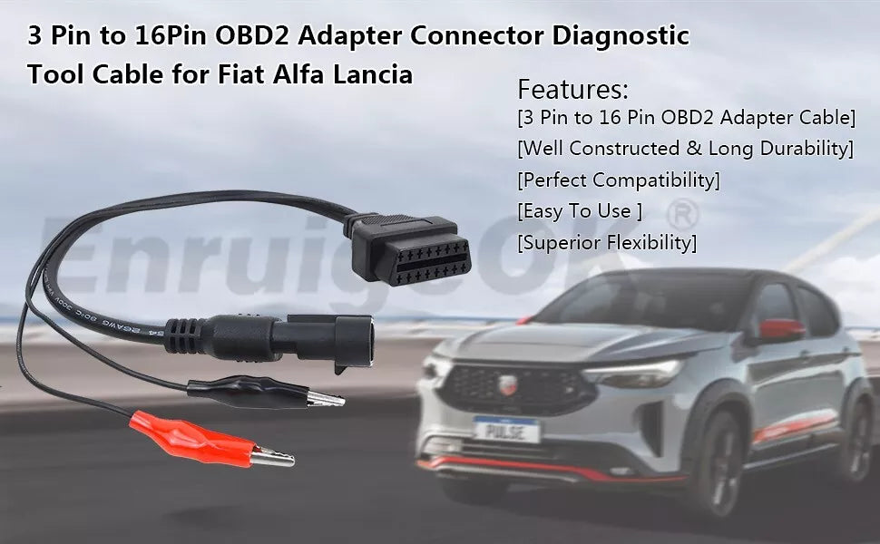 3Pin to 16Pin OBD2 Male Connector Adapter + Alligator Clips for Fiat Alfa Lancia