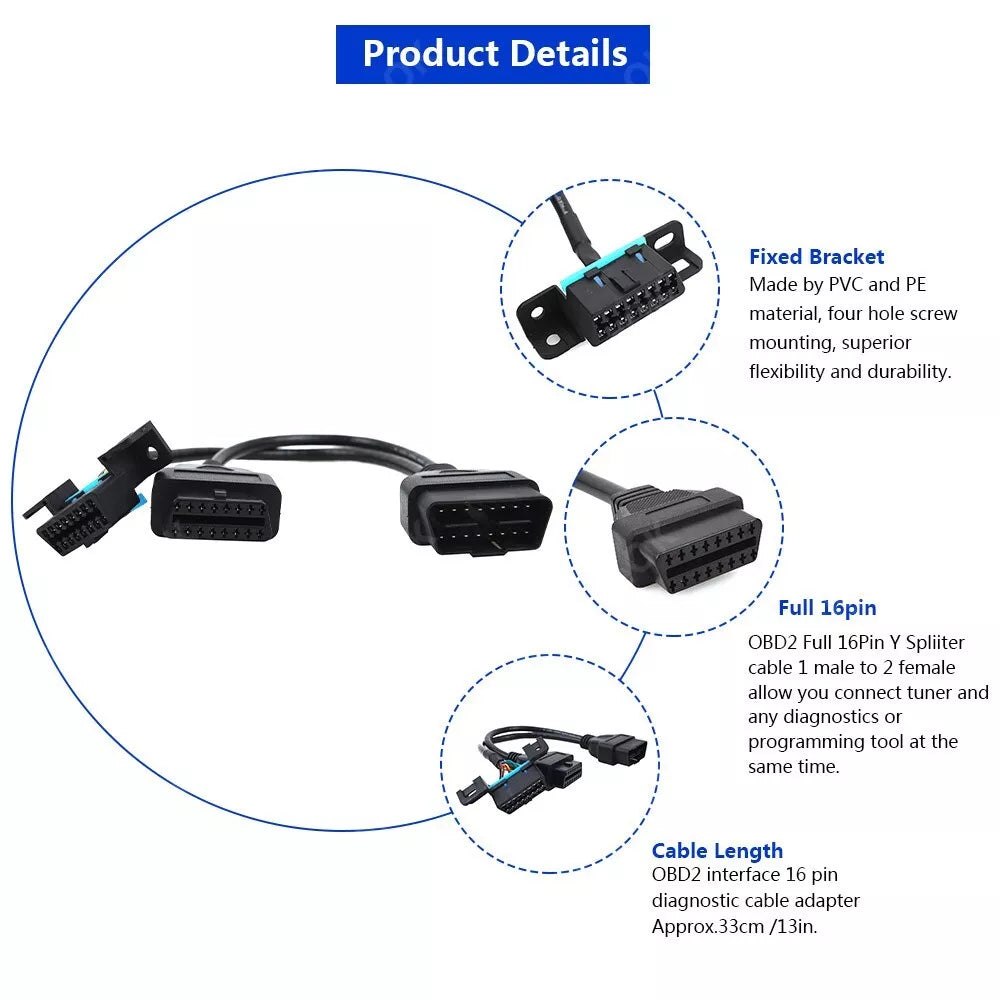 OBDII J1962 Male to 2 Female Connector Adapter Y Cable with Underdash Bracket