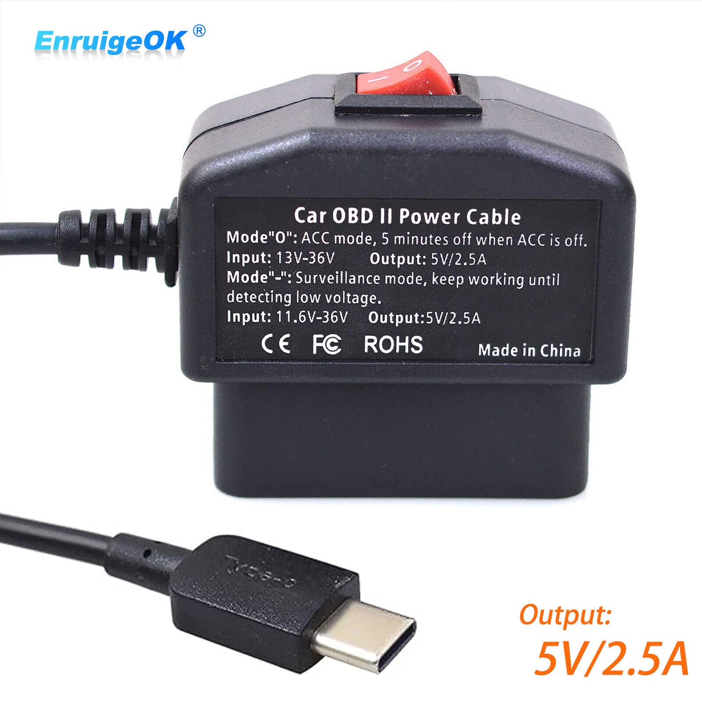 OBD2 to USB Type-C Port Power Charging Cable with Switch Button for Car Dash Cam