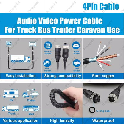 20M 66ft 4Pin Aviation Extension Cable For Rear View Backup Camera Truck Trailer