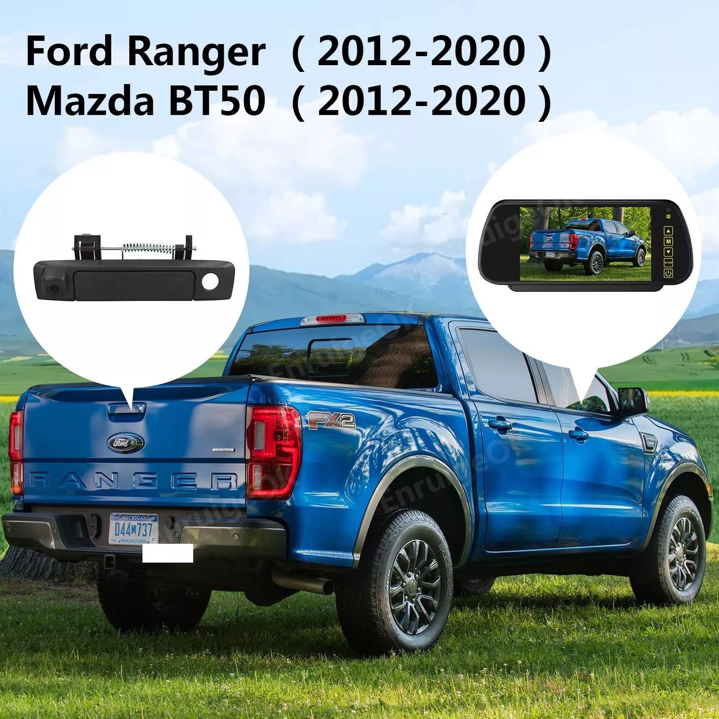 Tailgate Handle Backup Rear View Camera for Ford Ranger Mazda BT50 + 7'' Monitor